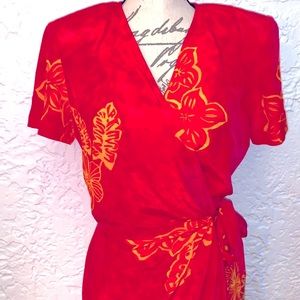 🌺Vintage Bright Tropical Floral Silk Luxe Wrap Dress